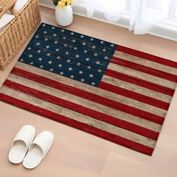 Area Rug 2436in, Vintage Wood Plank American Flag Floor Carpet Living Room Rug, Independence Day Theme Non-Slip Welcome Mat Indoor Rugs for Bedroom Dining Room
