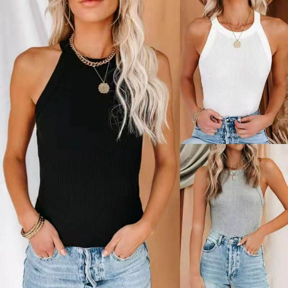 HAPIMO Women's Summer Tank Tops O-Neck Blouse Sleeveless Shirts for Girls Solid Color Print Tops Casual Slim Fit Camis Vest Daily Basic Camisole White XXL
