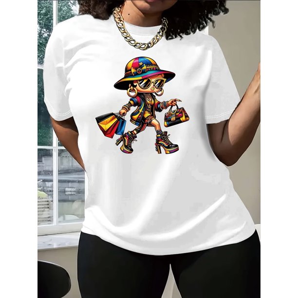 Camiseta de cuello redondo con estampado de dibujos animados para mujer, informal, de manga corta y largo regular, de punto de algodón para todas las estaciones, ideal para deportes de ocio.