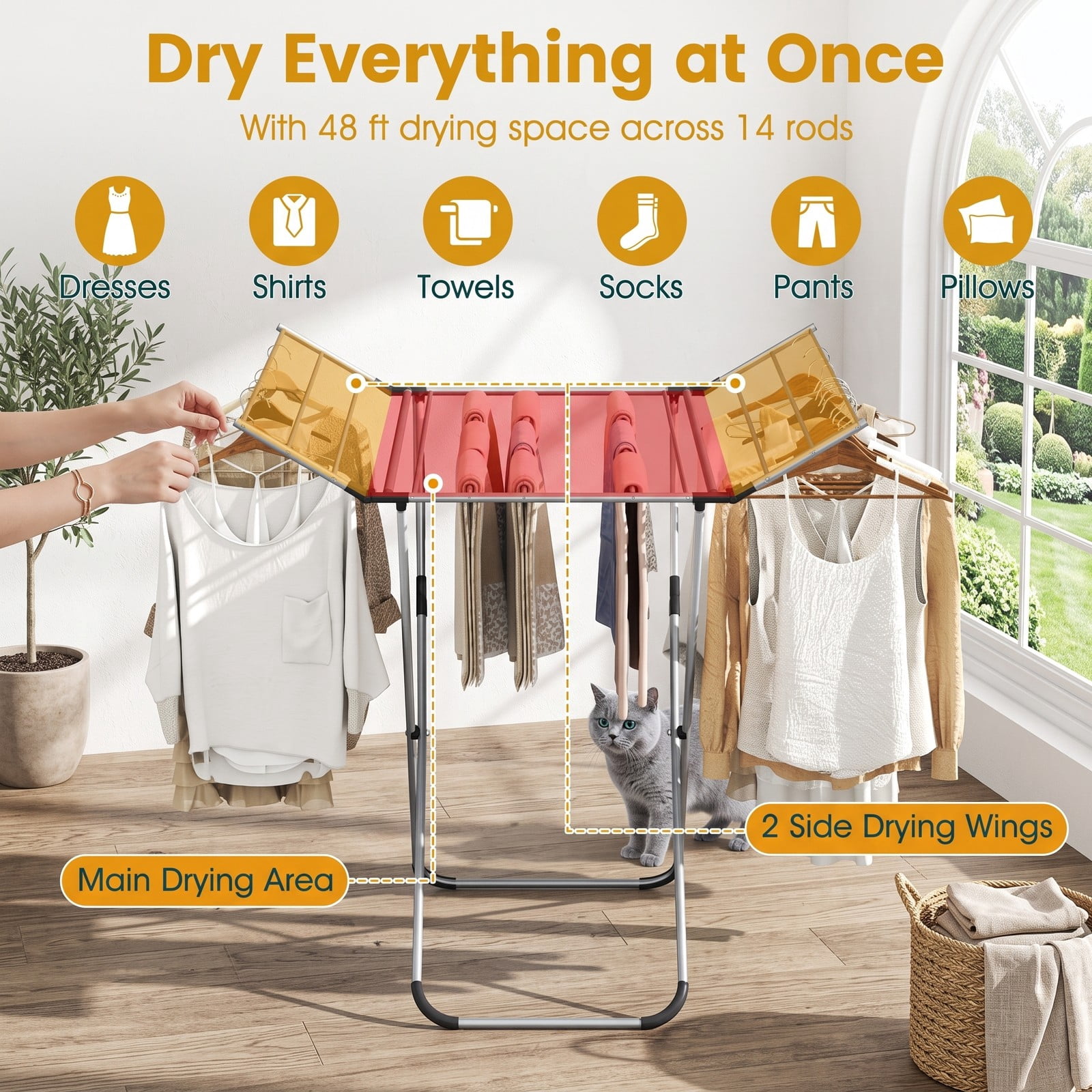 Fenbeli Folding Aluminum Clothes Drying Rack with 2 Side Wings, Rustproof Foldable Laundry Drying Stand for Indoor Outdoor, 60 ft Drying Space, 14 Rods, Silver