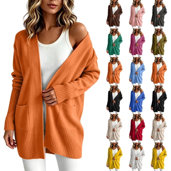 XUNKUSGA Cardigan Sweaters for Women Classic Solid Color Long Sleeve Open Front Knit Sweater Coat Casual Loose Mid Length Cardigan for Women with Pocket Beige S