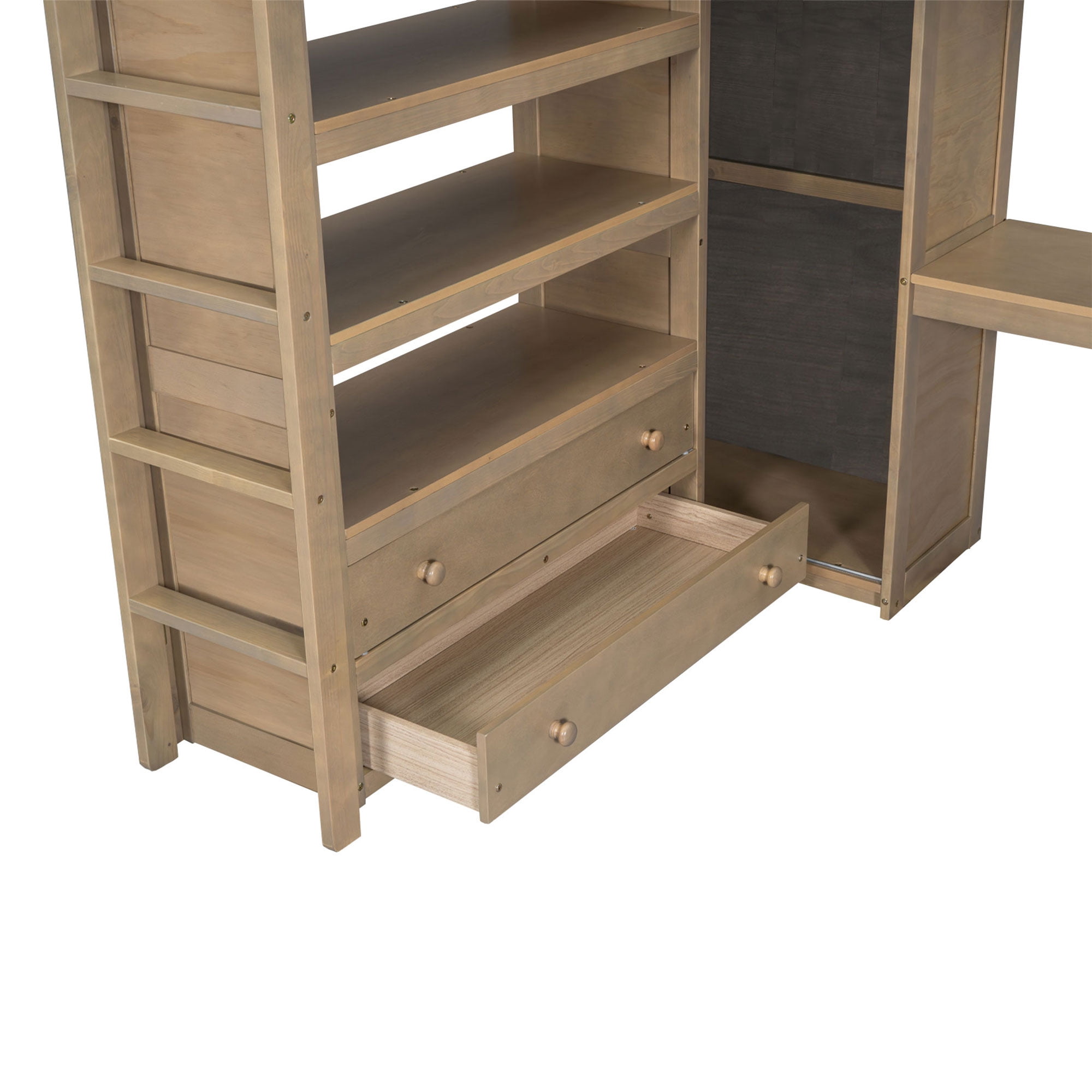 Euroco Wood Full Size Loft Bed with Desk and Wardrobe, Storage Shelves and Bookcase for Kids Teens, Walnut