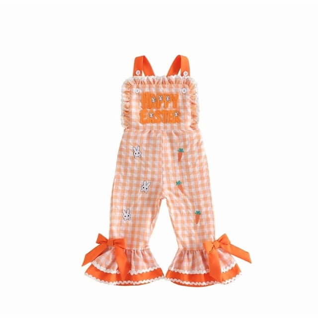 ICQOVD Interactive Apparel, Plaid Easter Jumpsuit Sleeveless Bell Bottom Romper with Bunny Embroidery Ruffle Design