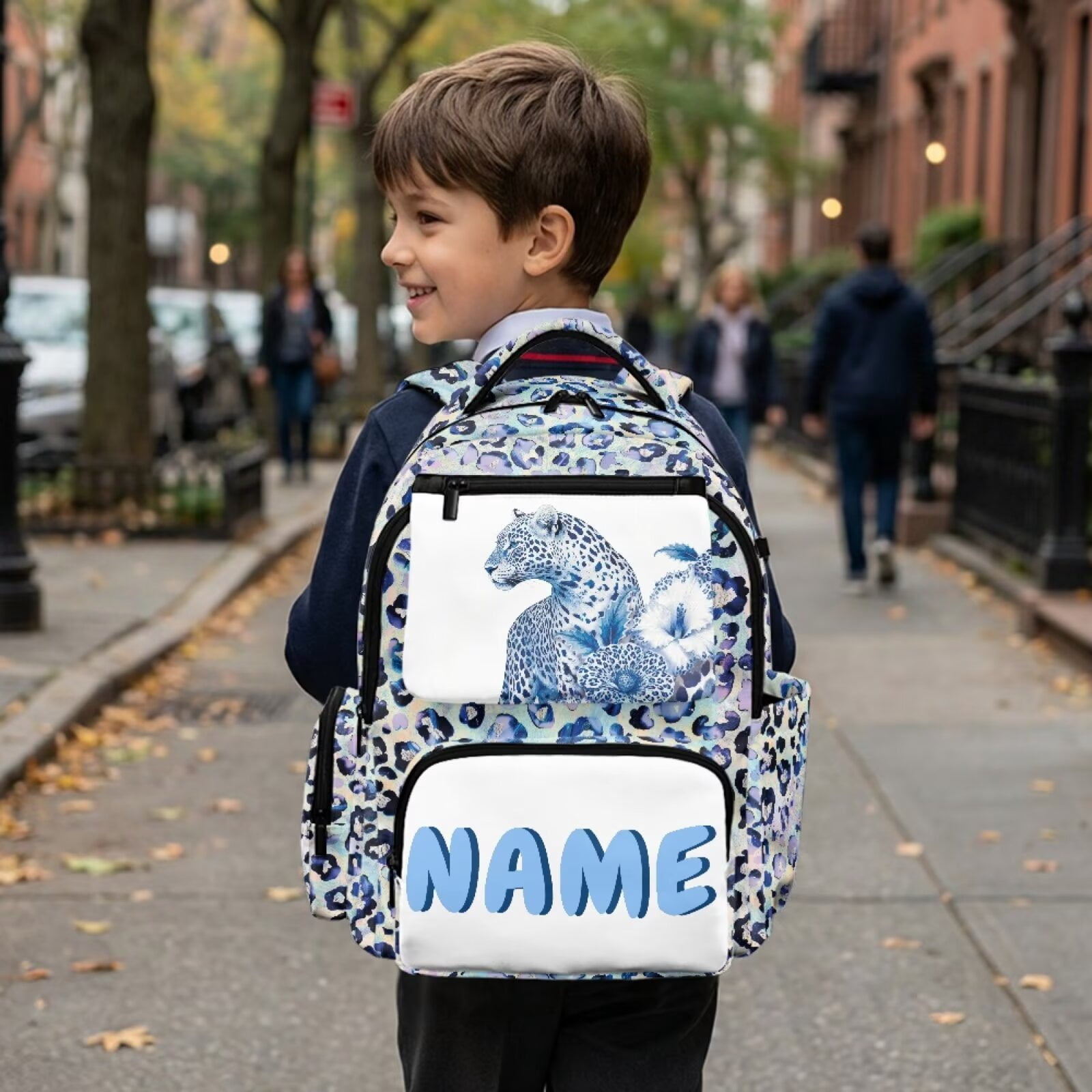 Chririnla Cool Leopard,Custom Name Print Backpack for School Girls Boys Waterproof Backpacks Kids 17 Inch Large Capacity Bookbag with Padded Straps Travel Camping Ruckpack Daily Use