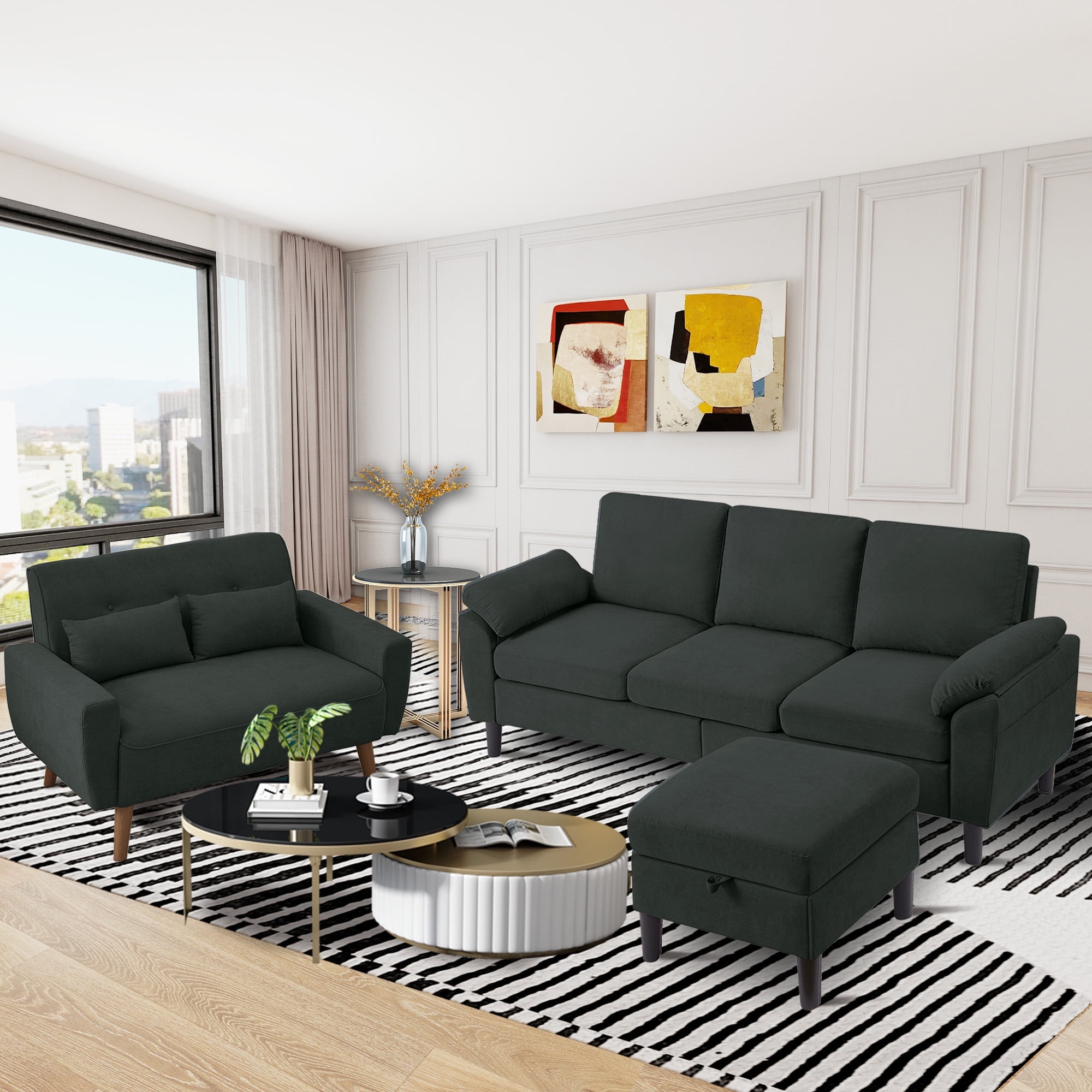 79" Convertible Sectional Sofa Set, Small L Shaped 3-Seat Couch with Reversible Chaise and Accent Chair, Modern Linen Sofas Couches for Living Room, Black