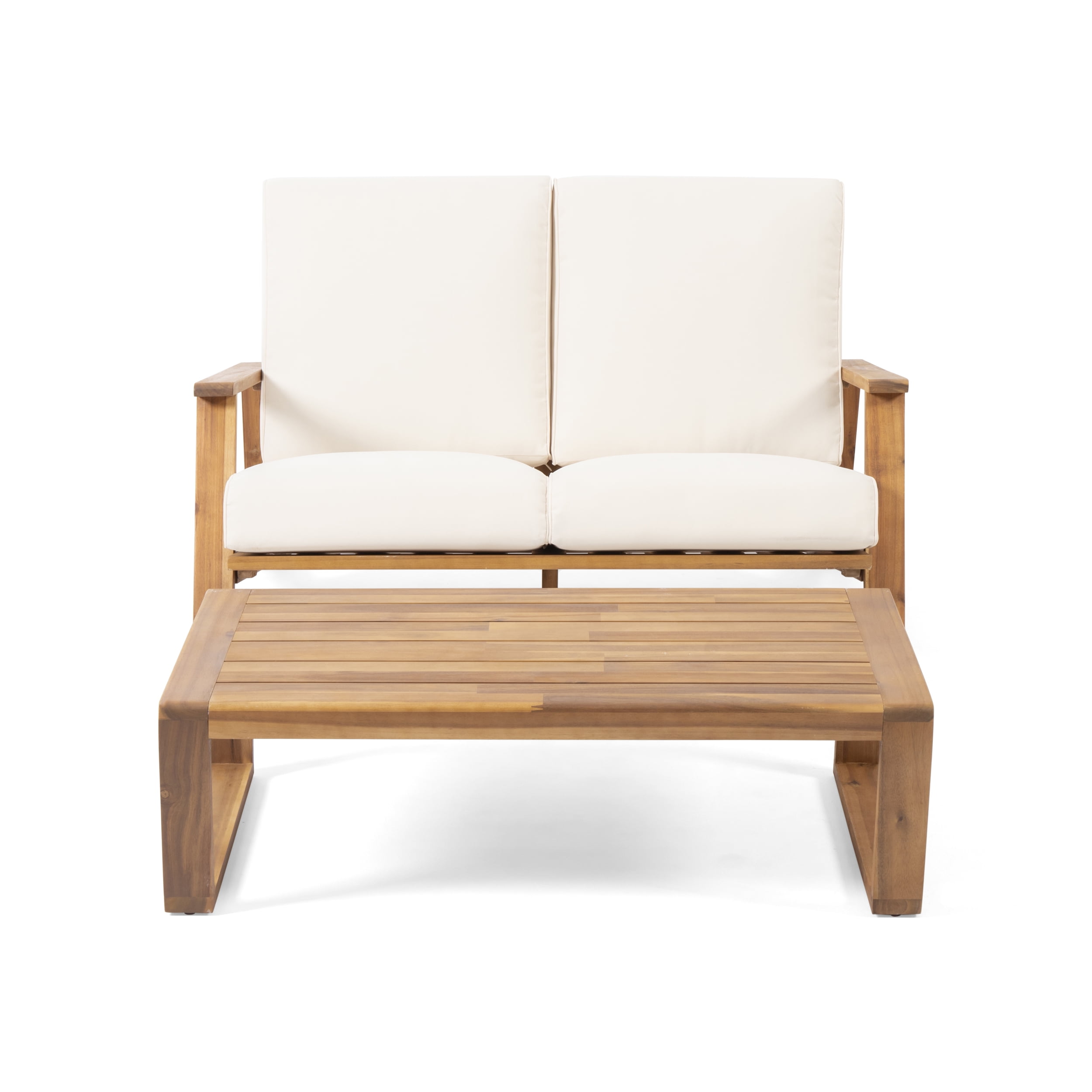Reyna Outdoor Acacia Wood Loveseat Set with Coffee Table, Teak, Beige