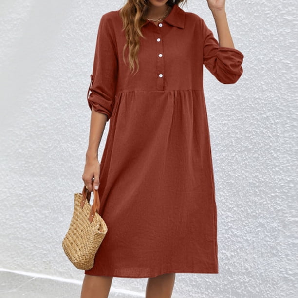 Puntoco Vestido De Algodón Y Lino De Color Sólido Con Botones Y Cuello Redondo De Manga Corta Para Mujer A La Moda Burdeos M,Regalos Para Mujer Joven