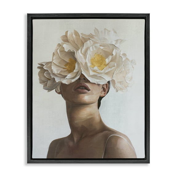 Stupell Industries Yellow Flower Lady People Painting Black Floater Framed Canvas Art Print Wall Art, 17 x 21