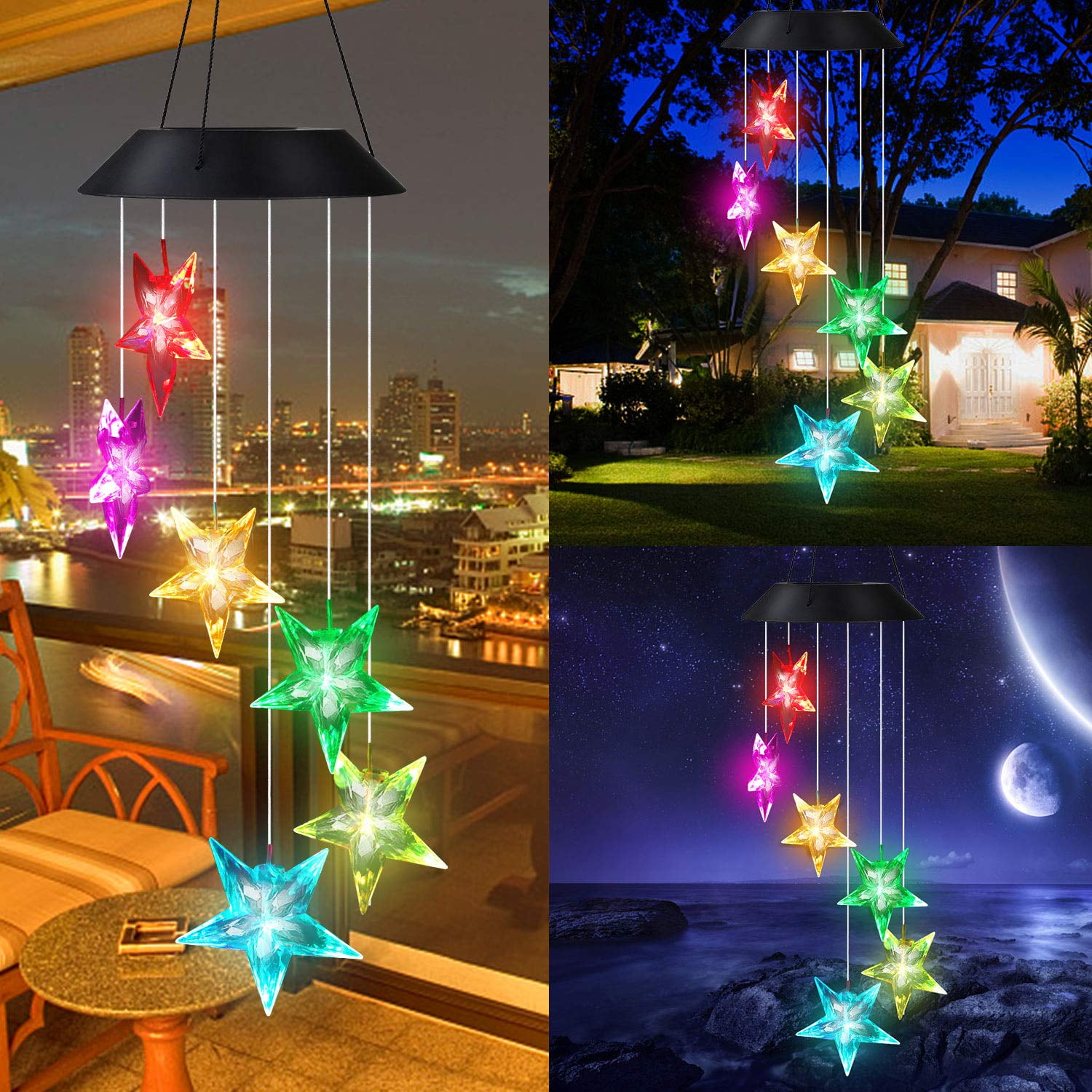 Hanging Wind Chimes Solar Powered LED Light Colour Changing Home Garden Decor 