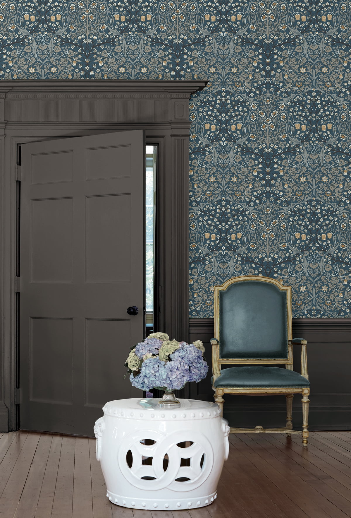 Seabrook Designs Aegean Blue & Warm Stone Victorian Garden Floral Prepasted Wallpaper - 20.9 in. W x 33 ft. Roll