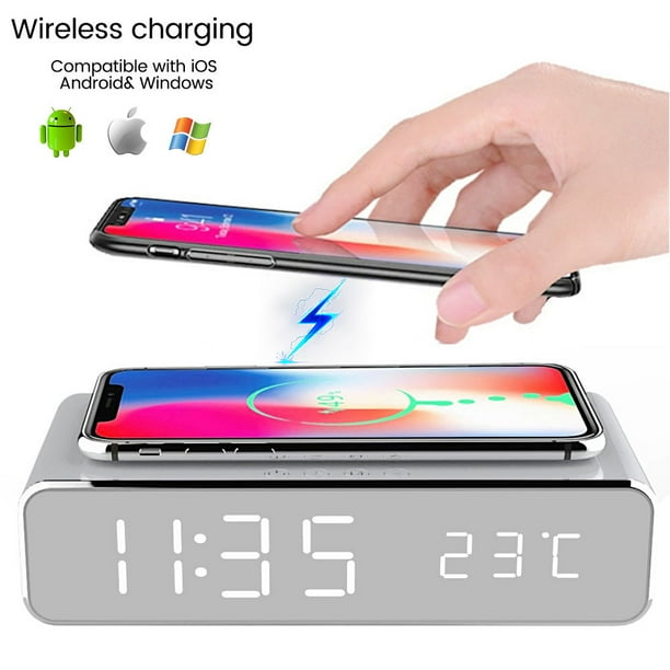 widshovx Digital Alarm Clock USB Bedside Clock with Battery Backup Wireless Phone Charger 12/24h