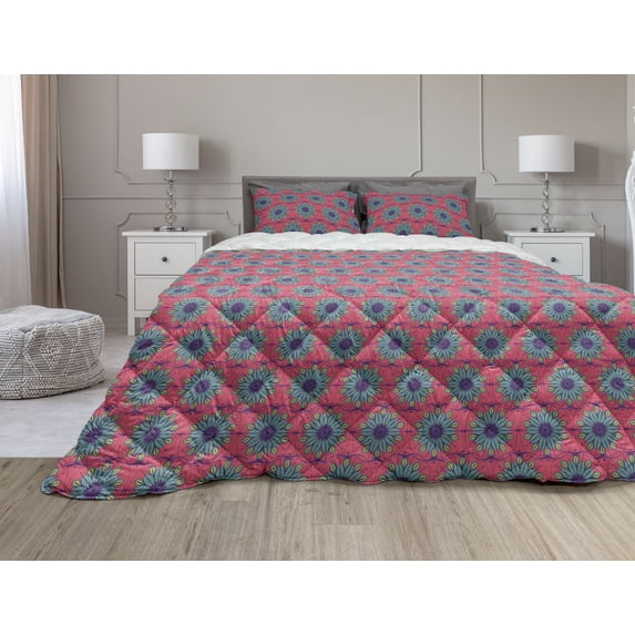 Boho Comforter & Sham Bedding Set, Oriental Inspired Elements Blossoming Leaves Ornamental Persian Effects, 3 pcs Duvet Set Microfiber Filling Quilt, 5 Sizes, Hot Pink and Turquoise, by Ambesonne