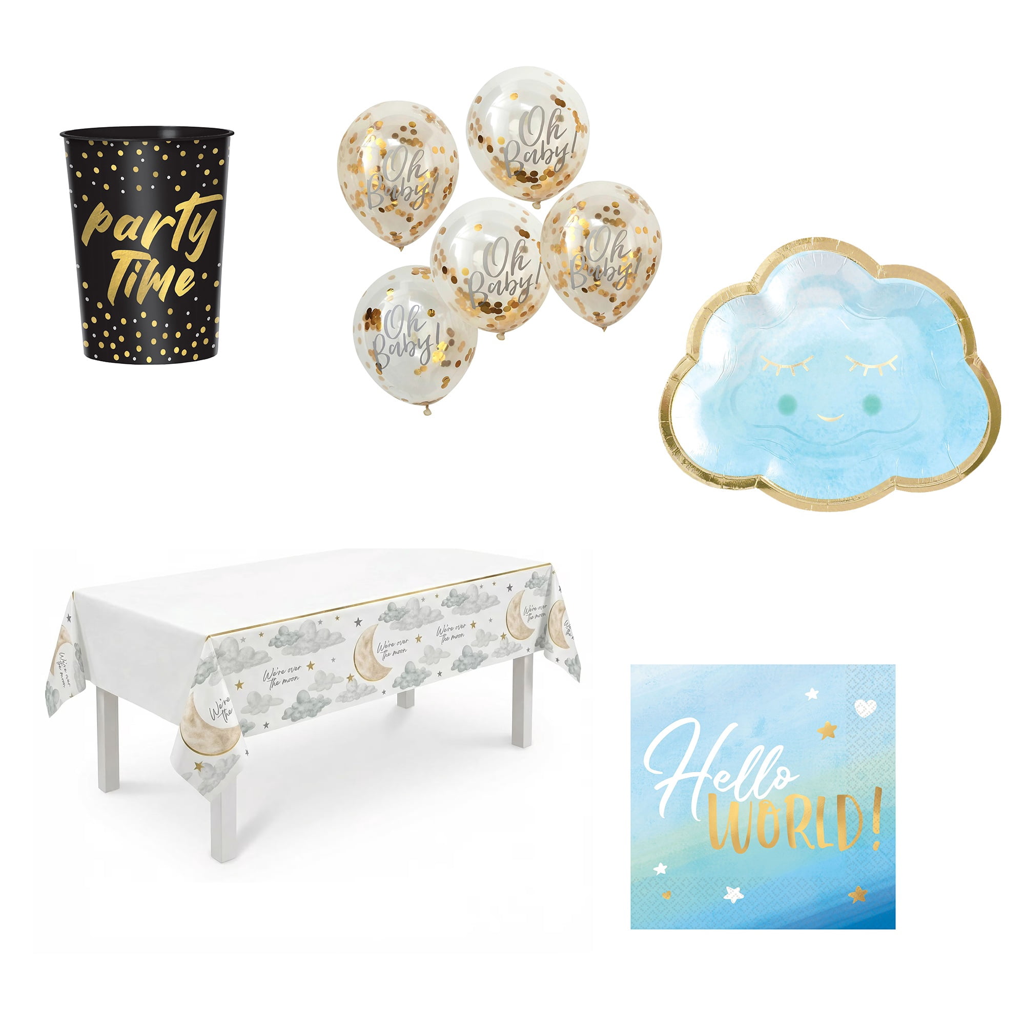 Amscan Oh It’s a Baby Boy Party Kit Table Cover Paper Plates Favor Cups Napkins & Latex Balloons