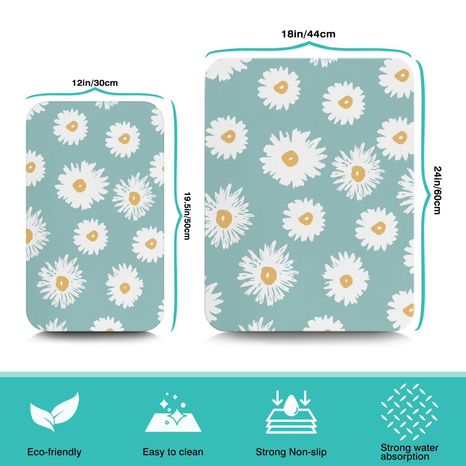 2 Pack Washable Rubber Daisy Cute Floral Dish Drying Mats for Kitchen Counter Home Large Coffee Bar Pad Accessories and Decor for Utensils Stemware (2pcs 18''x24''+19.5''x12'')