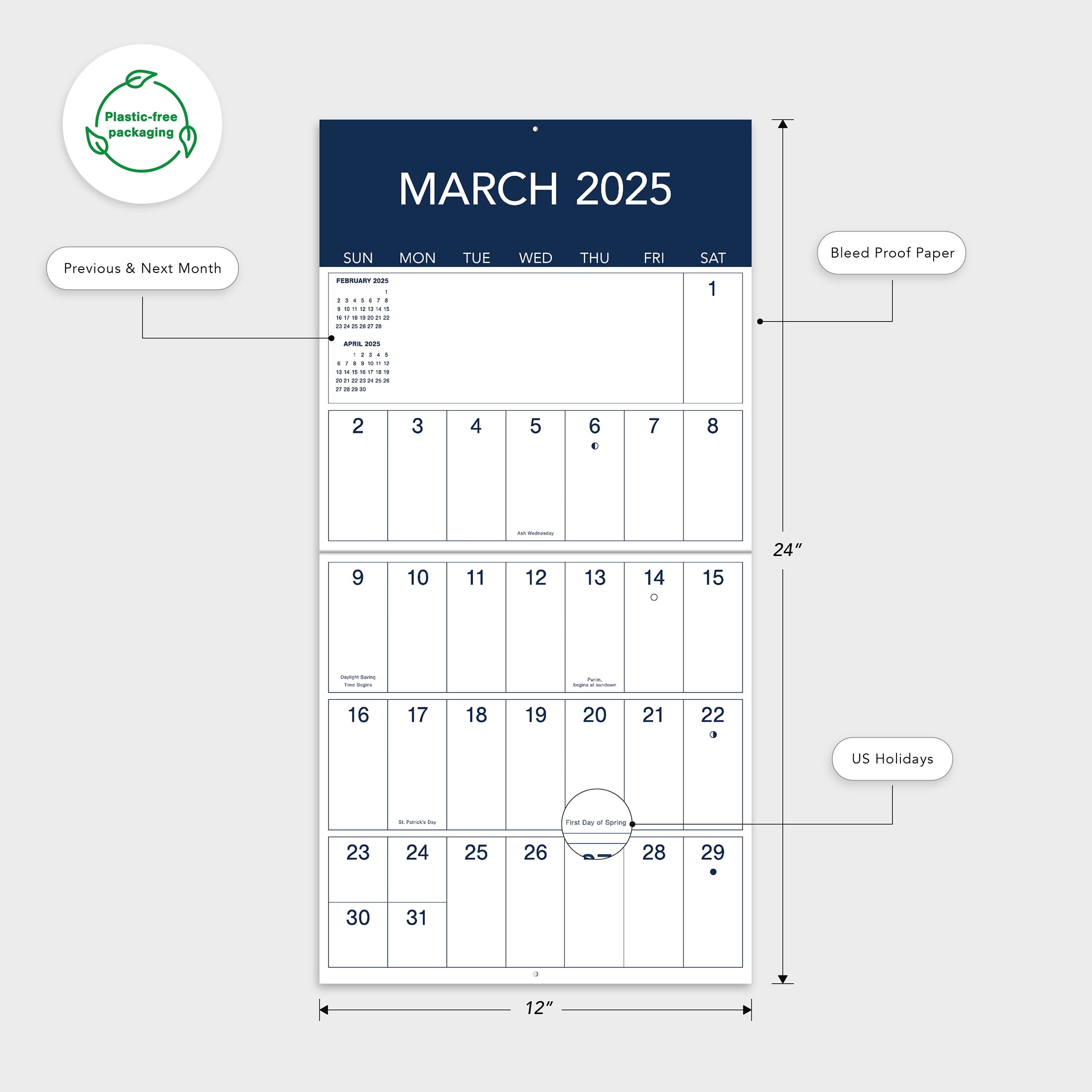 2025-12 Month Hanging Wall Calendar-Large Grid Blue-12x12 by Dayspring