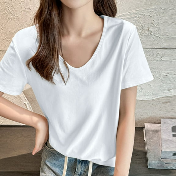 jtjvou Women Oversized Short Sleeves Shirt Shoulder-Front V Neck Tees Casual Baggy Loose Tops Summer Plain Trendy T-Shirt White L