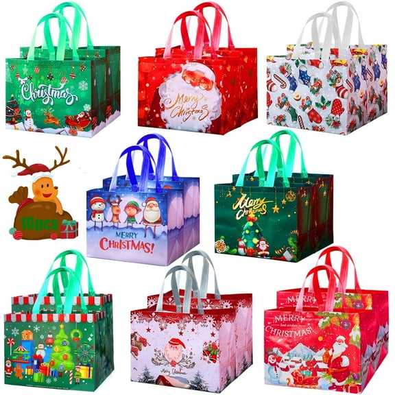 16 Pack Christmas Gift Bags,Reusable Tote Bags with Handle for Xmas Gifts Wrapping, Presents, Shopping, Party