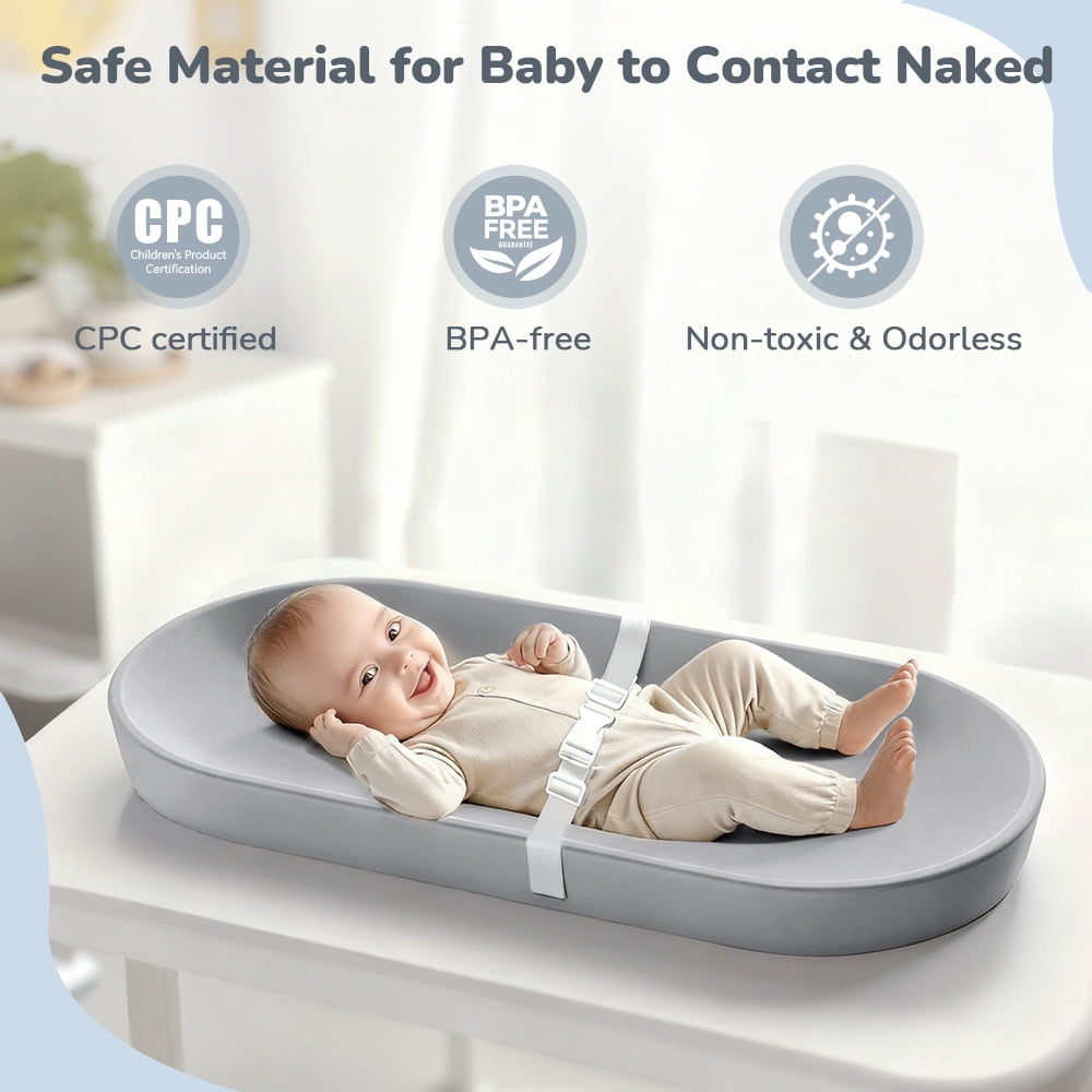 Baby Changing Pad, Caveen Lightweight and Portable Changing Station for Diaper Change and Dresser, with Safety Restraint Belt, Waterproof ,Light Grey
