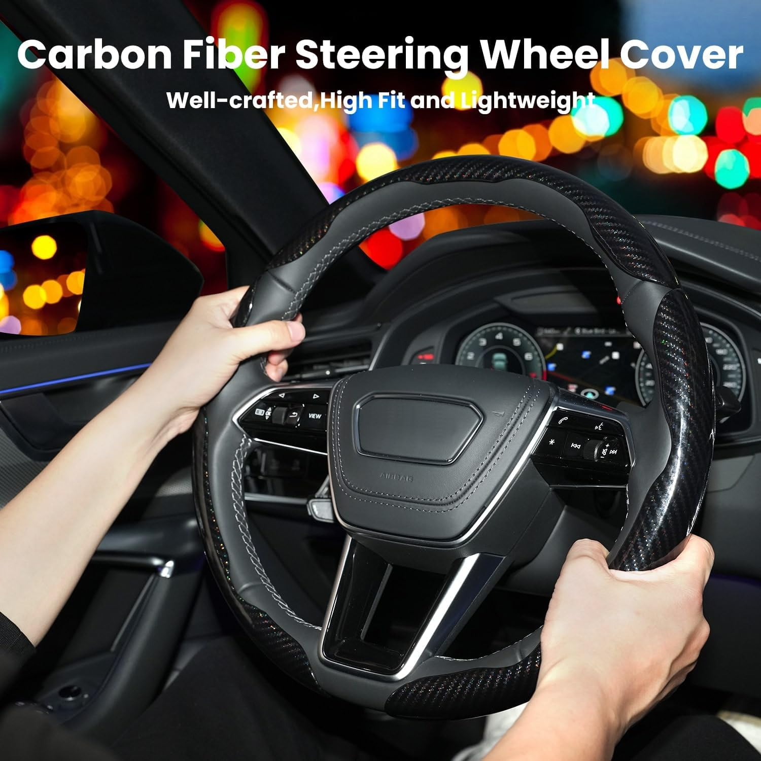 Carbon Fiber Steering Wheel Cover 3PCS Set – Anti-Slip, Scratch-Resistant, Universal Fit for 14–16 Inch Wheels – Interior Car Accessories for Cars, SUVs, Trucks (Blue)