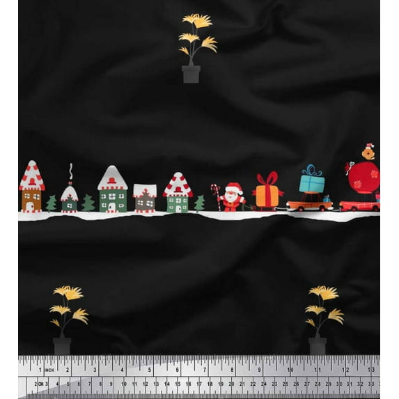 Soimoi Cotton Voile Fabric Santa,Gift Box & Tree Christmas Print Fabric by the Yard 56 Inch Wide