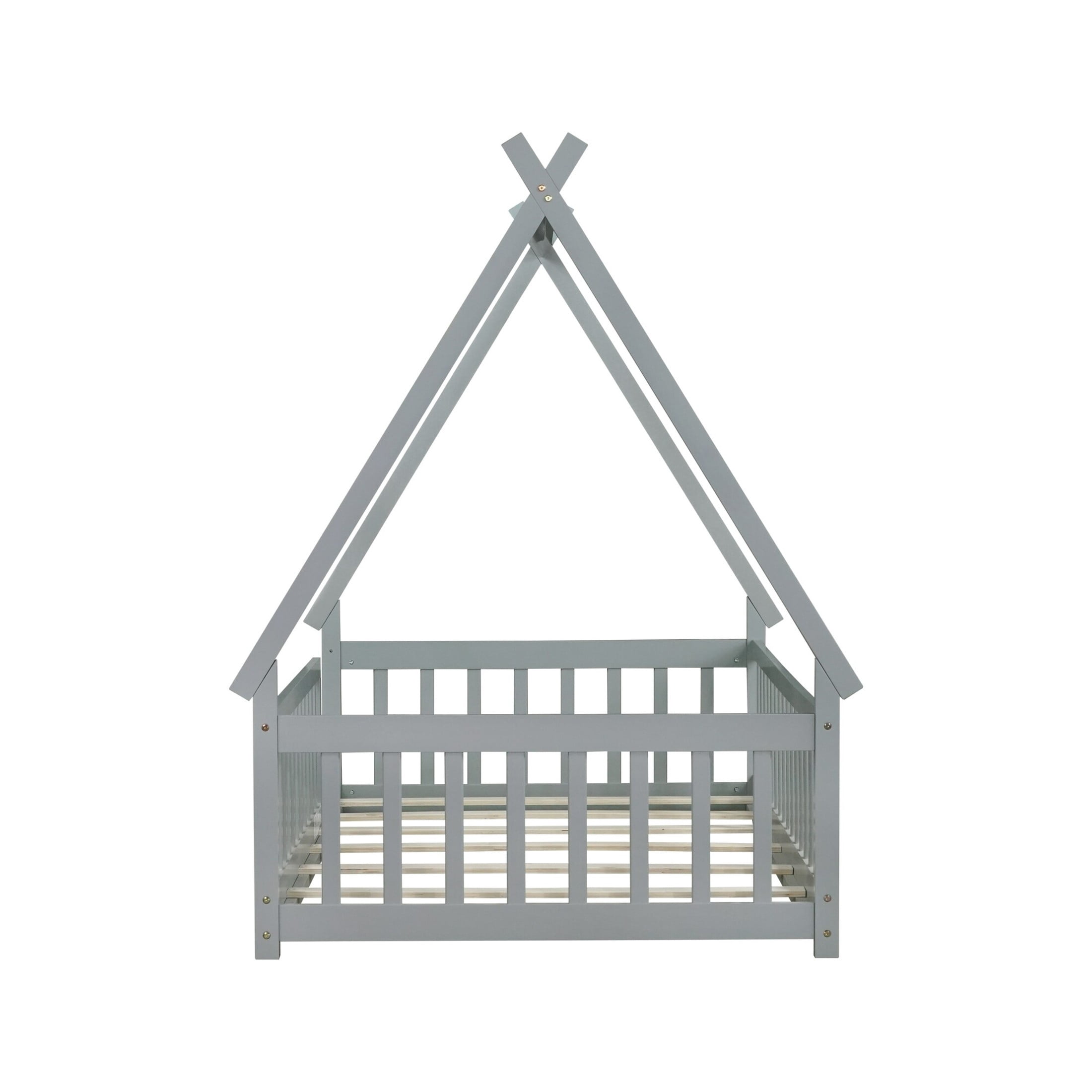 Noble House Misty Twin Teepee Floor Bed with Safety Fence, Solid Rubber Wood Tent Bed, Kid's Room, Gray