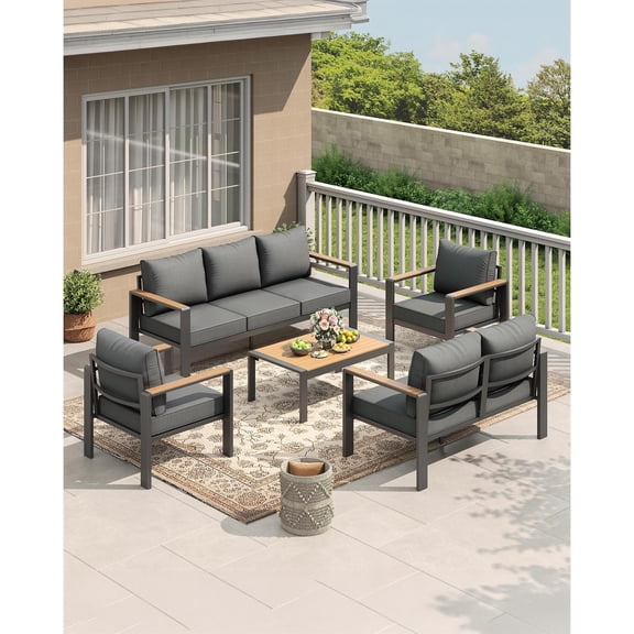 Grey 5-Piece Aluminum Frame Outdoor Cushioned Sectional Sofa Set