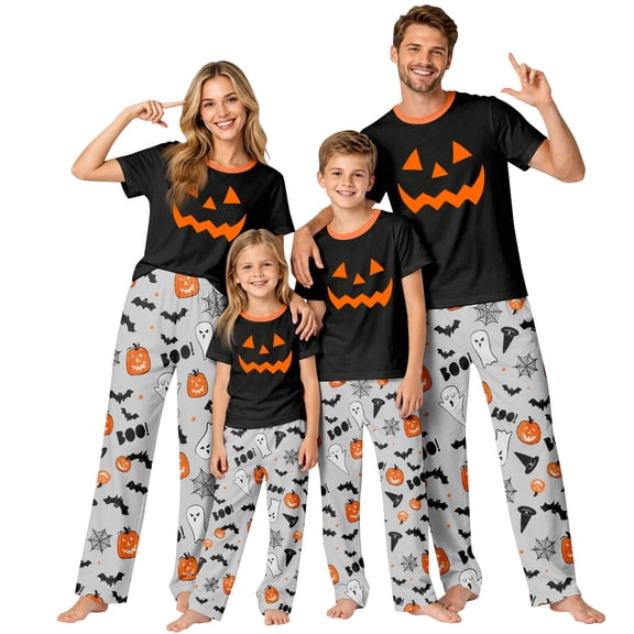 Halloween Family Pajamas Matching Set - 2 piece Pumpkin Face Short Sleeve Top and Pants Sleepwear,Cartoon Spooky Theme Halloween Pajamas for Family Photos for 12 Months Pjs