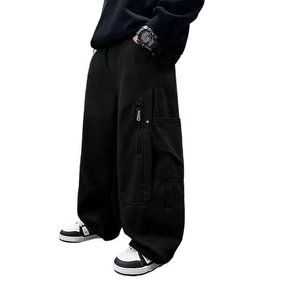 Lullu Boys Baggy Cargo Pants Streetwear Wide Leg Pants Outdoor Hiking Trousers, Black, Sizes 5-14