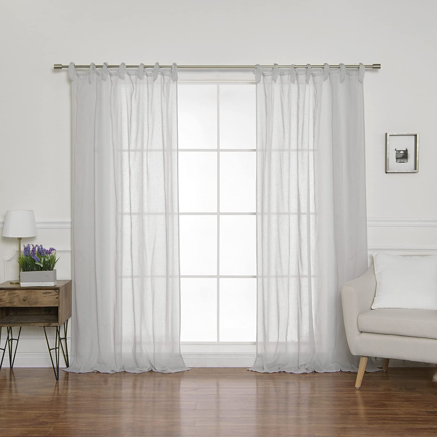 Quality Home Romantic Faux Linen Sheer Tie Top Curtains Tie Top