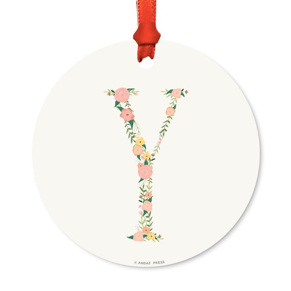 Floral Family Monogram Metal Christmas Ornament, Coral Peach Floral Roses, Letter Y, Includes Ribbon and Gift Bag