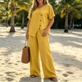 thumbnail image 5 of Two Piece Lounge Sets for Women Fashion Buttons Side Slit Solid Color Round Neck Short Sleeve Tops Elastic Waist Pants Sets Lounge Sets Wide Leg Pants Sets with Pockets, 5 of 7