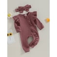 thumbnail image 4 of Musuos Newborn Girl Autumn Jumpsuit 3 6 12M Solid Color Round Neck Flying Sleeve Ruffled Zipper Romper with Bow Headband, 4 of 10