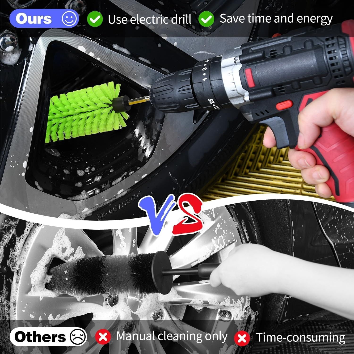 Green Drill Brush for Car Wheel and Bottle High Density Nylon Cleaning Brush for Wheels Rims Engines Exhaust