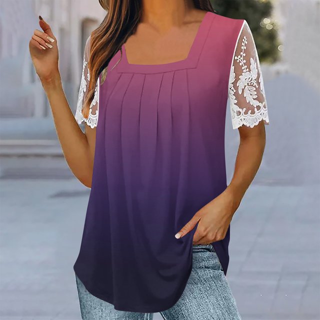 ICHUANYI Clearance Women Summer Sexy Regular Lace Short Sleeve Women Short Sleeves Top(Red, XL) ICHUANYI WER2023081403275