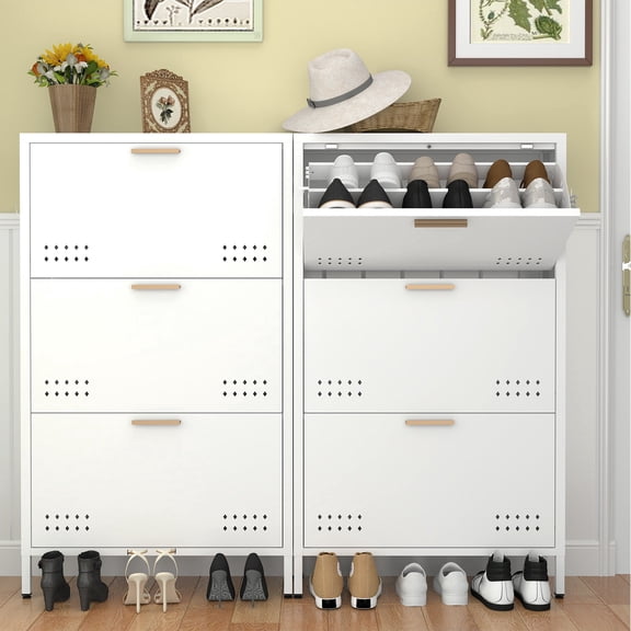 Marcree Shoe Cabinet with 3 Flip Drawers, Hidden Metal Shoe Cabinet, Freestanding Shoe Storage Cabinet for Entryway Hallway. White