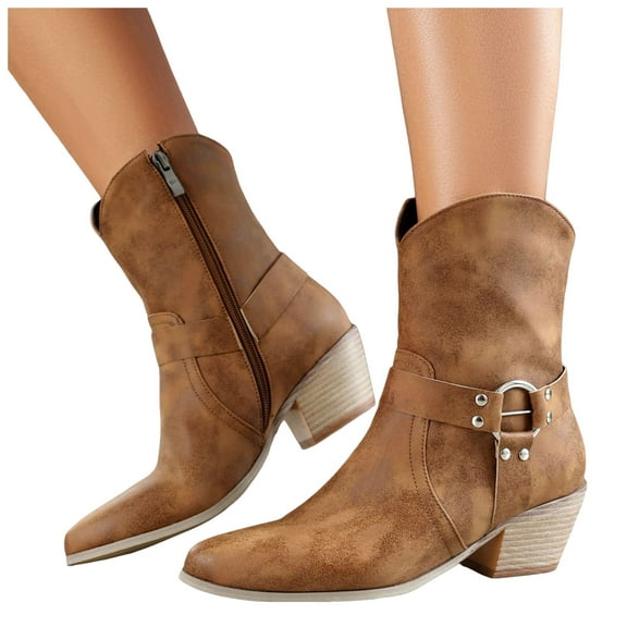 Women's Mid Calf Buckle Cowcoy Boots Pointed Toe Chunky Low Heel Fashion Wide Calf Cowgirl Booties