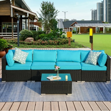 Superjoe 5 Pcs Patio Furniture Sets All-Weather Wicker Rattan Outdoor Conversation Sofa with Tea Table & Washable Couch Cushions Blue