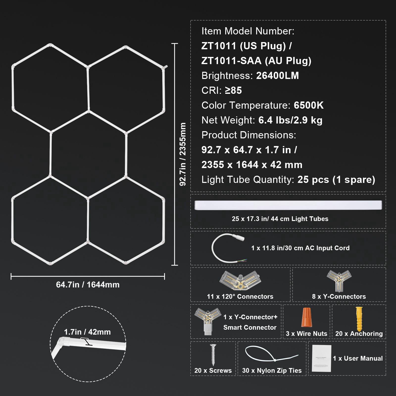 Hexagonal LED Garage Light 26400 Lumens 6500K Cool White DIY Workshop Lighting for Gyms Basements Studios