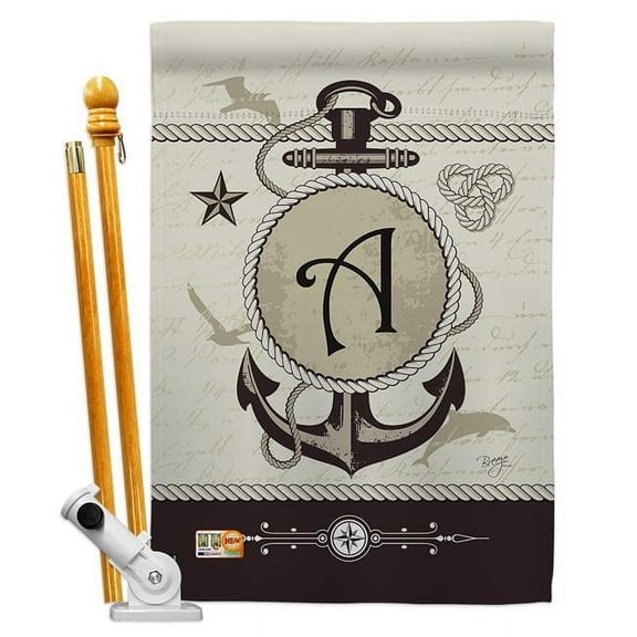 Breeze Decor BD-NA-HS-130183-IP-BO-D-US14-BD 28 x 40 in. Nautical A Initial Coastal Impressions Decorative Vertical Double Sided House Flag Set & Pole Bracket Hardware