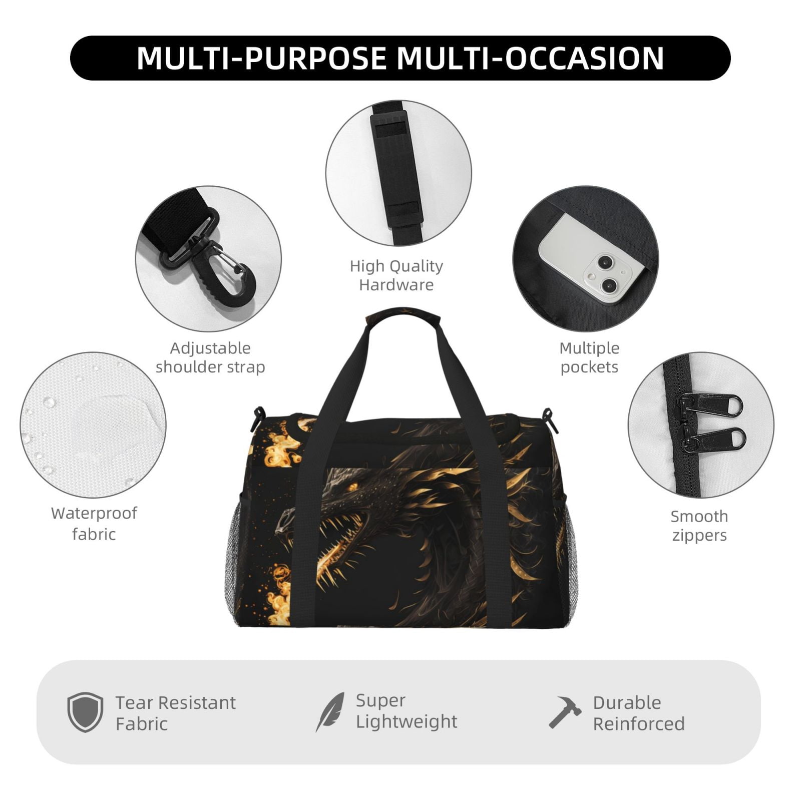 Fuzoiu Black And Gold Fire Dragon Print Travel Duffle Bag,Carry On Tote Bags,Duffel Bag,Sport Gym Bag, Hospital Bag for Labor and Delivery, Overnight Bag,Luggage Bag