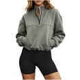 thumbnail image 4 of hoksml Women Half Zip Stand Collar Drawstring Hem Cropped Sweatshirt Drop Shoulder Pocket Long Sleeve Pullover for Sport Street Daily, 4 of 8