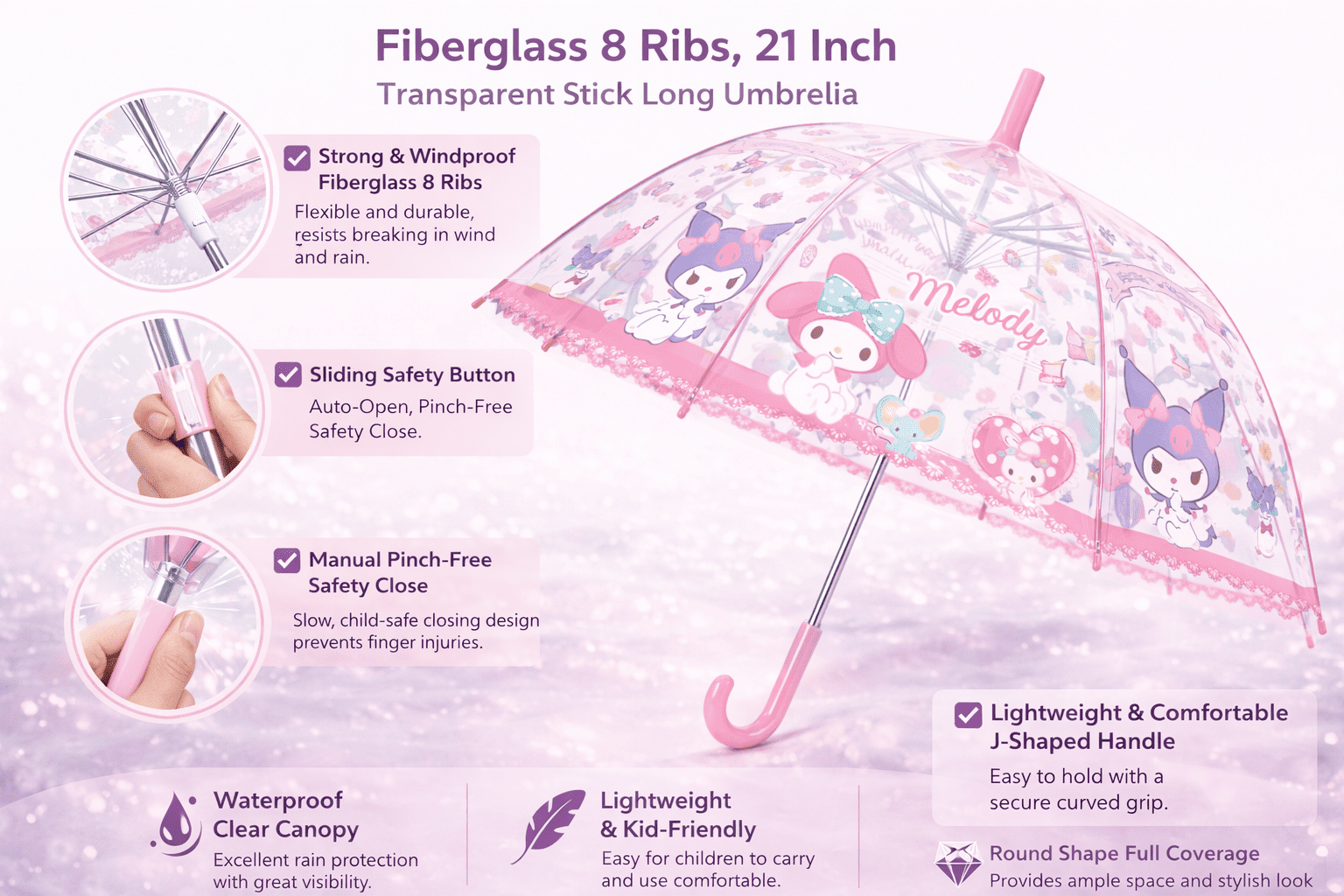 Sanrio My Melody & Kuromi Cute Fashionable Dome-Shaped Vinyl Stick Umbrella, Multicolor, 1