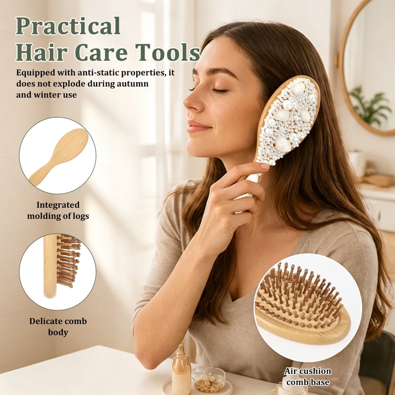 6 Sets DIY Wooden Hairbrush Craft Kit 8.27 Pearl Shell, Round White ...