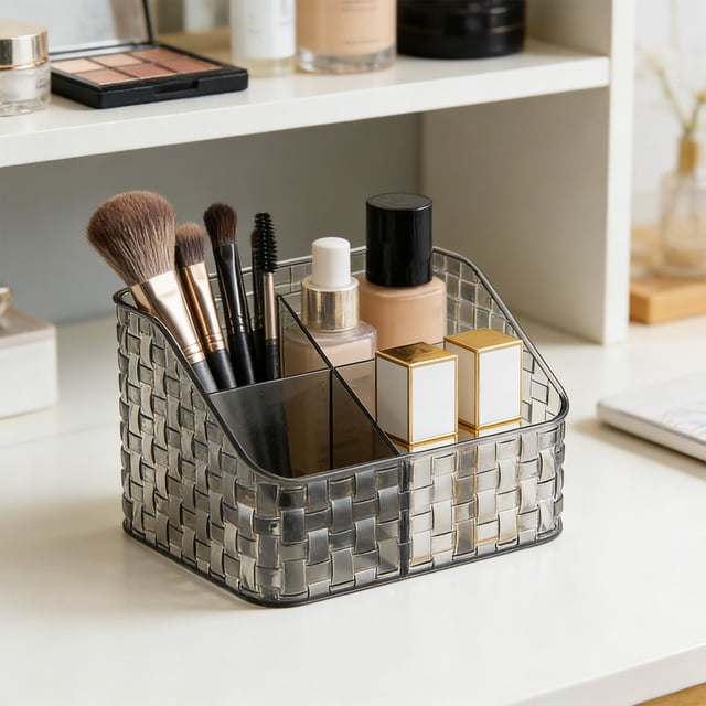 Boîte de Rangement Cosmétique Gris Clair avec Couvercle, Organisateur à Compartiments pour Rouges à Lèvres, Pinceaux à Lèvres et Articles Divers, Organisateur de Maquillage de Bureau en Plastique, 18,5 x 15 x 12 cm