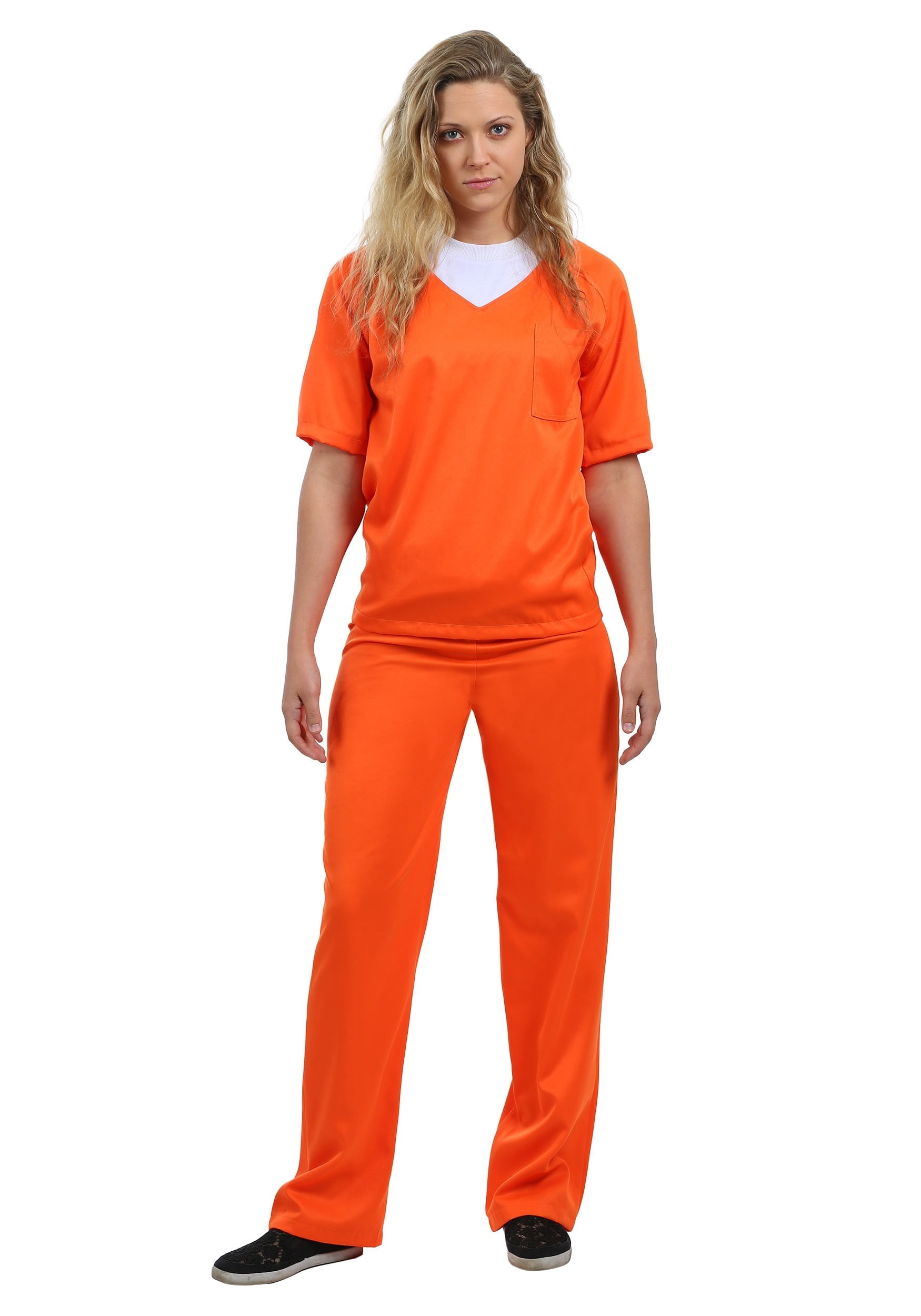 WOMENS PRISONER COSTUME ORANGE TOP TROUSERS CONVICT HALLOWEEN FANCY DRESS 8/20