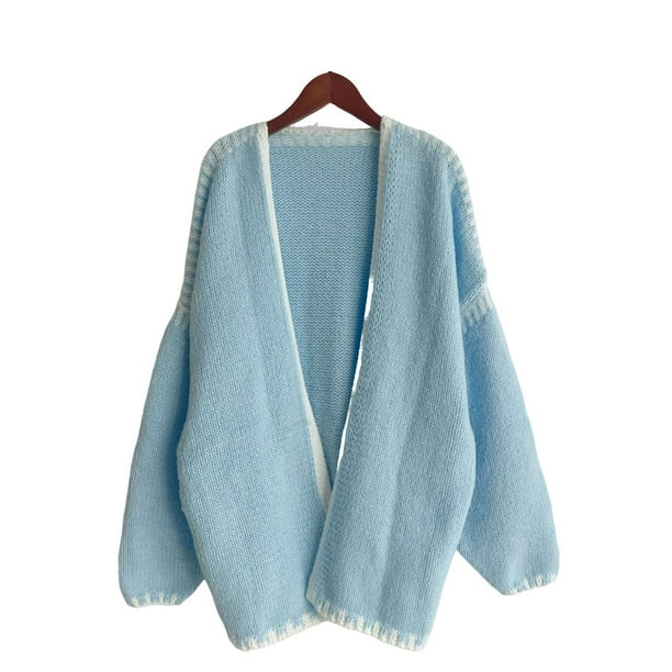 Suéteres Tipo Cárdigan Extragrandes para Mujer, de Otoño, con Mangas Largas Tipo Farol, de Punto, con Parte Delantera Abierta Azul M