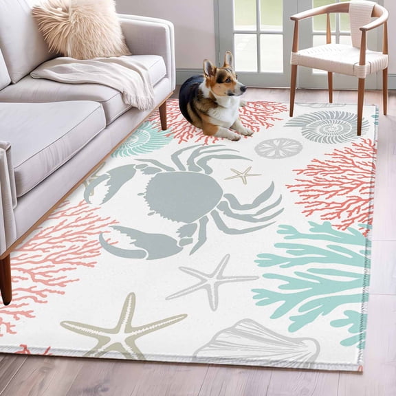 Teal Red Crab Coastal Area Rug 4x6 Washable Rug Non Slip Summer Coral Nautical Large Area Rug Indoor Floor Carpet for Entryway Bedroom Kitchen Living Room Home Office Dining Room Nursery