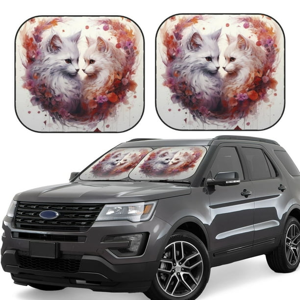 Fotbe White Red Cat Couple Juego de 2 Piezas de Parasoles para Parabrisas | Bloqueador Solar para Auto | Accesorios Plegables para Protección Solar Interior-Medium