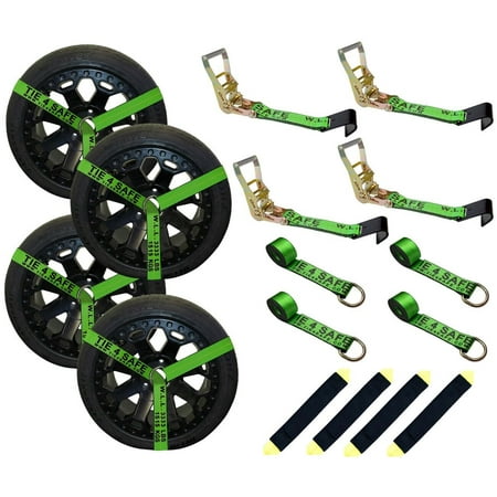 

Mega Cargo Control USA 4 Pack 2 x 10 Side Mount Wheel Net Tie Down w/ Ratchet Lasso Strap Flat Hook WLL: 3333 lbs Green