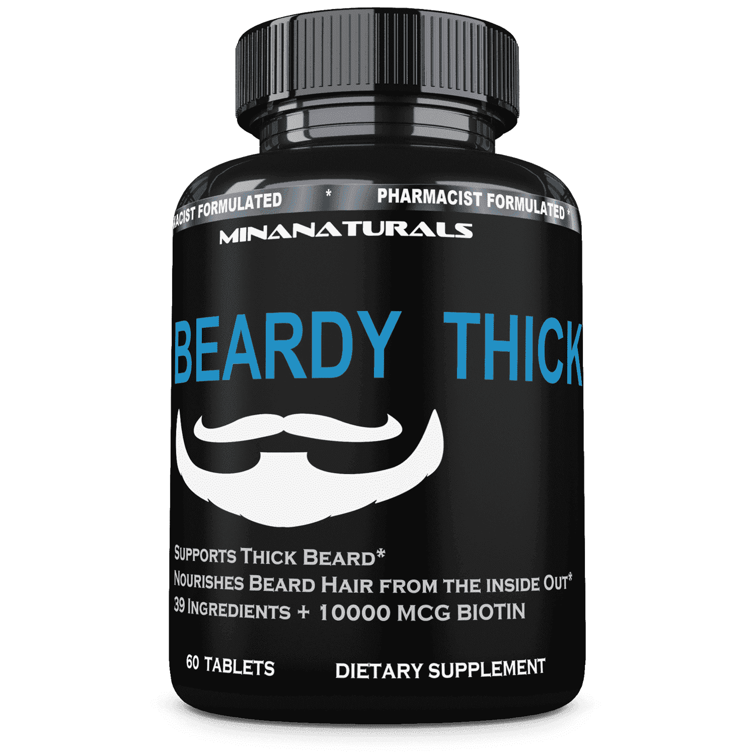 BEARDY THICK Beard Hair Growth Supplement. B7 - Biotin 10000 Mcg, Keratin, Collagen, Silica, and 36 More. Regrow Thicker Facial Hair.